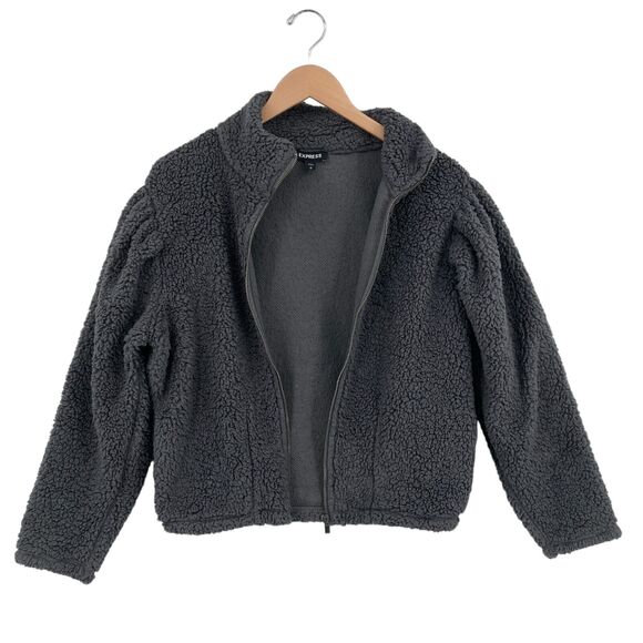 Express Jacket Womens Small Gray Sherpa Faux Long Sleeve Mock Neck Full Zip - Picture 8 of 14